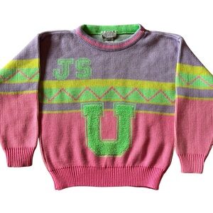 Vintage 80s Neon Colorblock Knit Sweater Pink Purple Green Graphic Small Jet Set